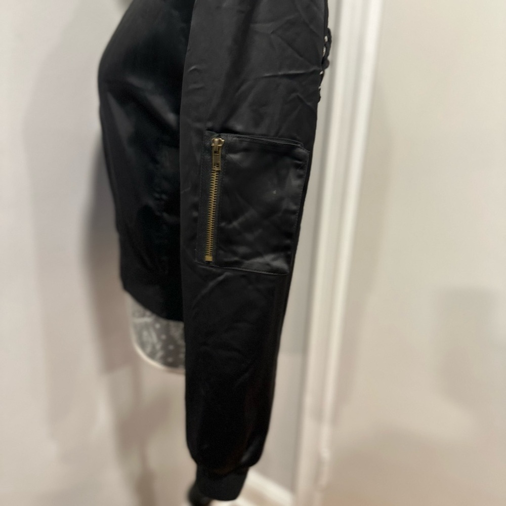 Women’s Seek Sz: S black satin bomber jacket corset-style lace-up back. - Picture 4 of 10